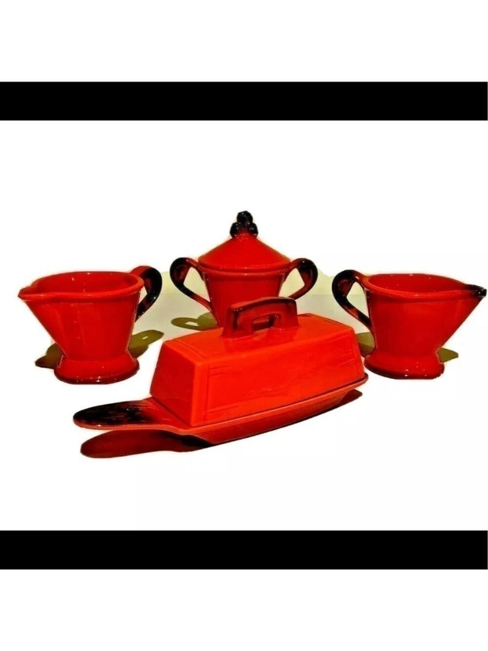 VINTAGE Metlox Poppy trail Red Rooster 2 Creamer, Sugar And Butter Dishware SET